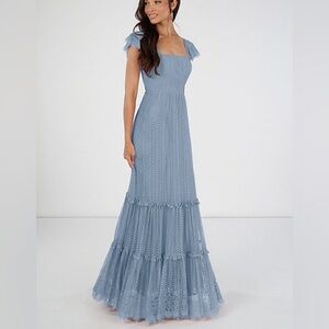 Azazie Dusty Blue A-line Lace Crochet Floor Length Dress